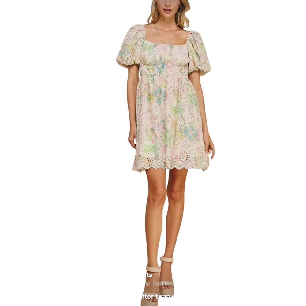 Pinch‎ Eyelet Lace Mini Dress Pastel Floral Puff Sleeve Cottagecore Romantic NWT